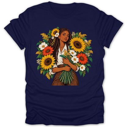 Illustration of a woman holding a bouquet with sunflowers and other flowers.