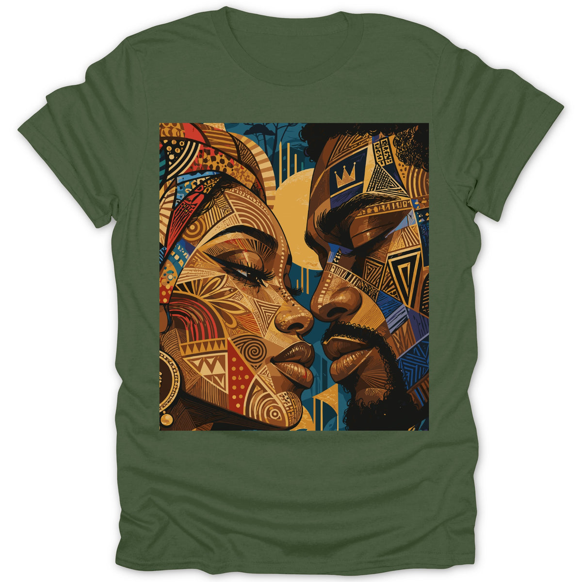 Green t-shirt featuring a close-up abstract portrait of a couple with geometric patterns.