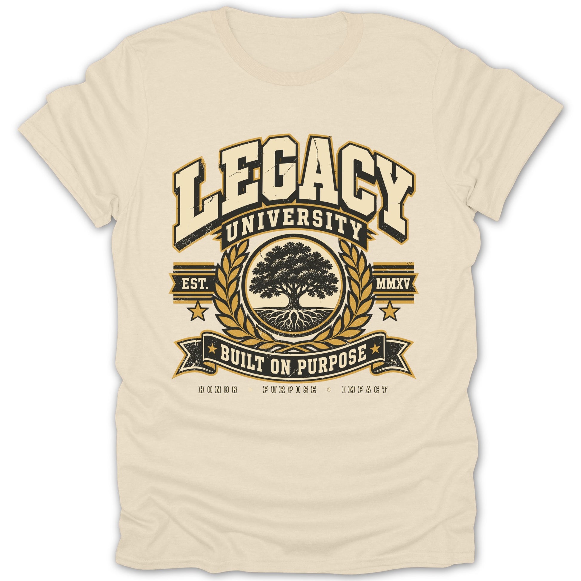 Cream t-shirt with Legacy University graphic featuring a tree, laurel wreath, and text.