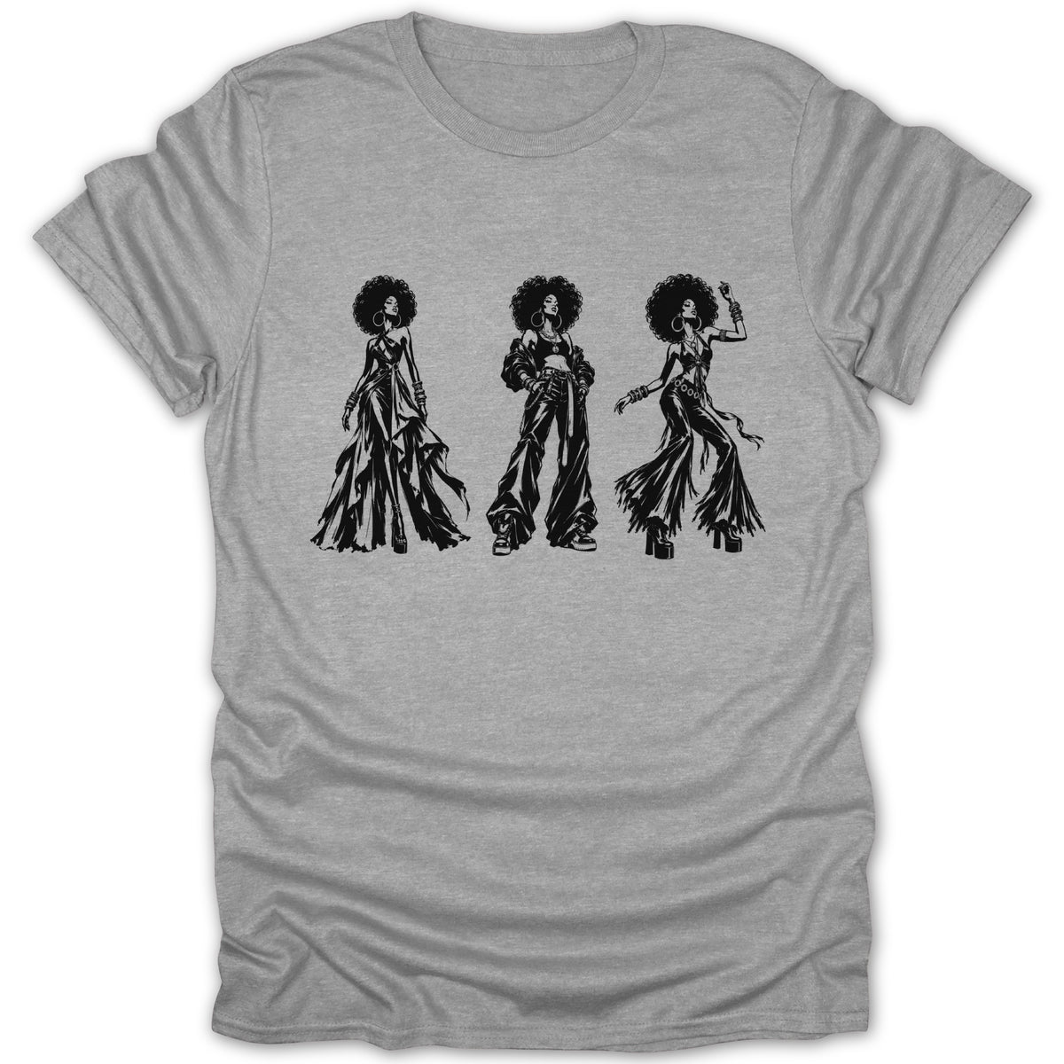 Black line art of three women with afros on a grey t-shirt.