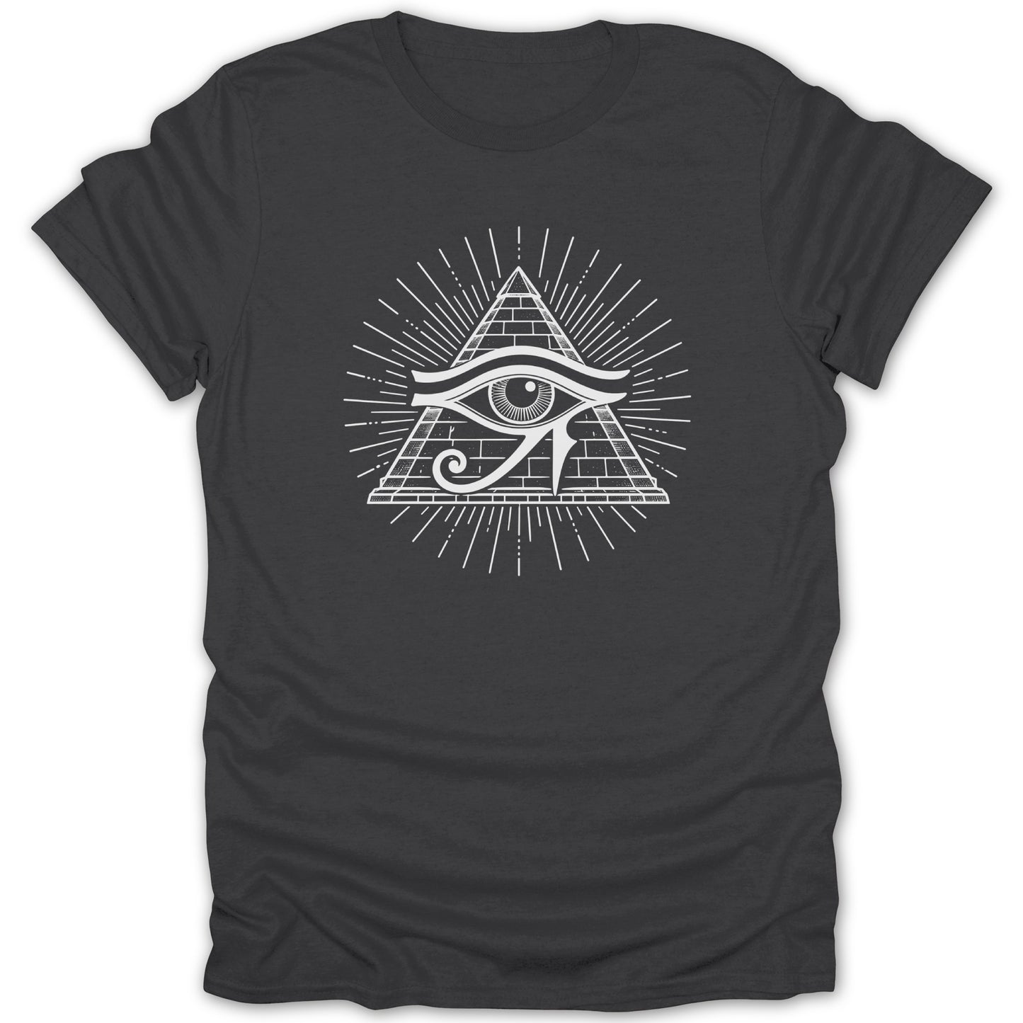Dark gray t-shirt with a white Egyptian eye of Horus pyramid graphic.