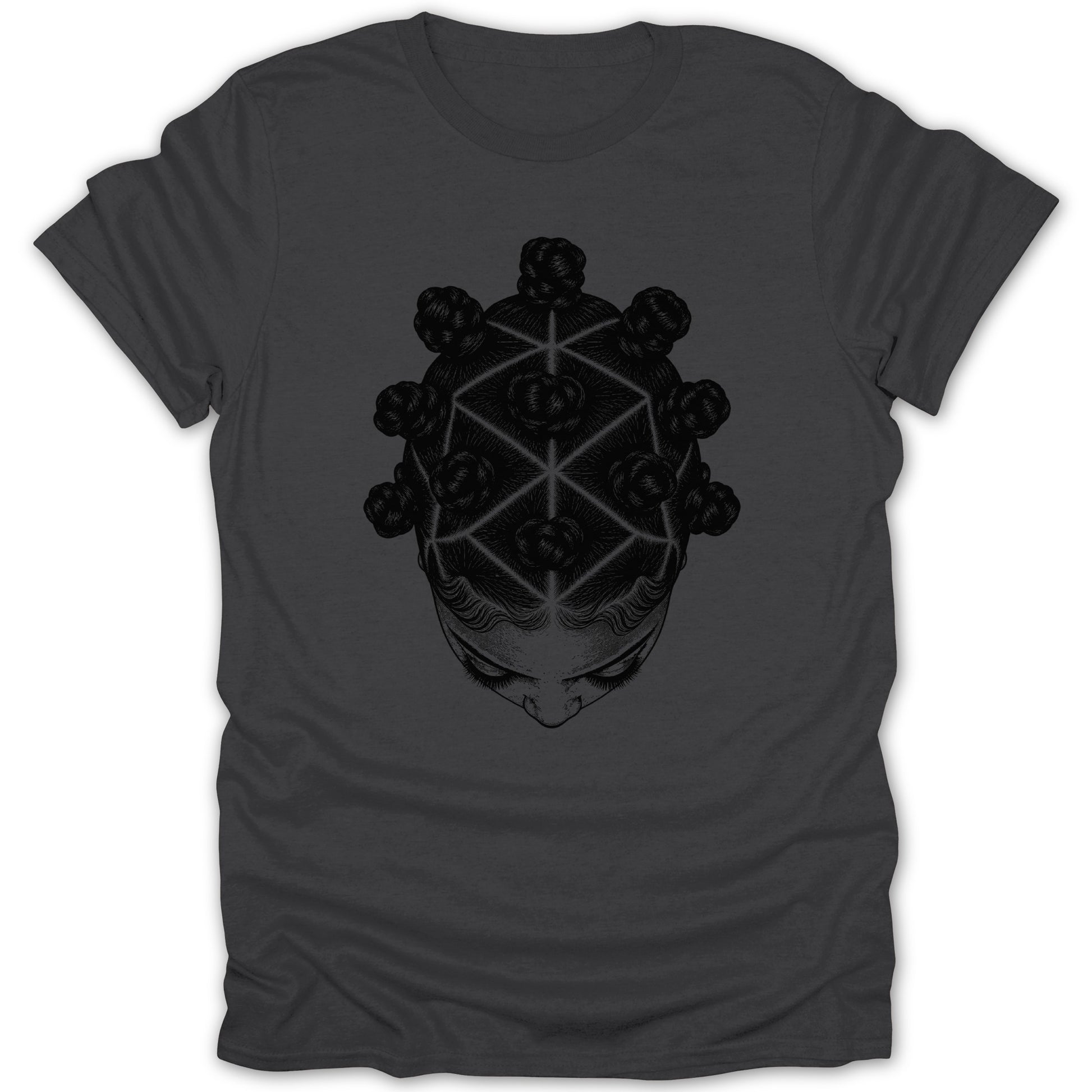 T-shirt with black ink illustration of a woman's head with geometric Bantu knots.