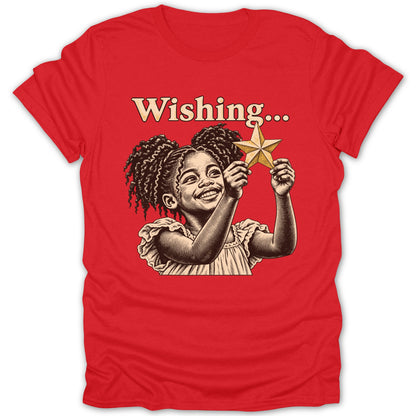 Illustration of a girl holding a star with the text "Wishing..." above.