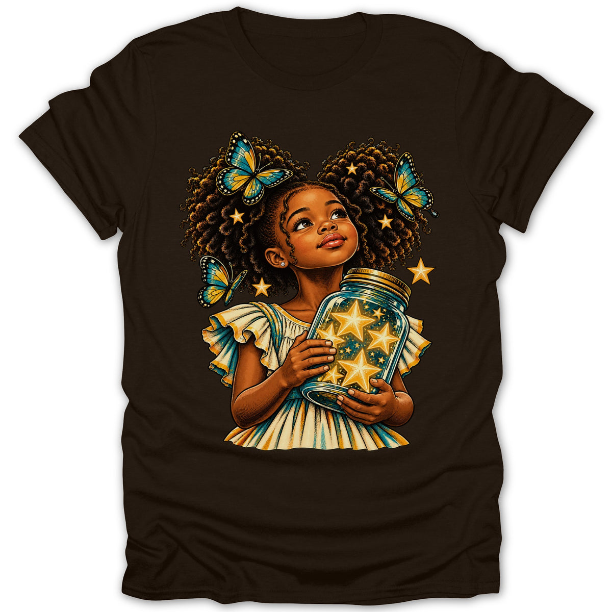 Young girl with curly hair holds jar of stars, surrounded by butterflies and stars.