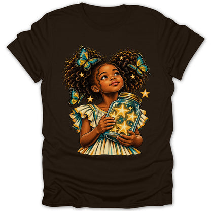 Young girl with curly hair holds jar of stars, surrounded by butterflies and stars.
