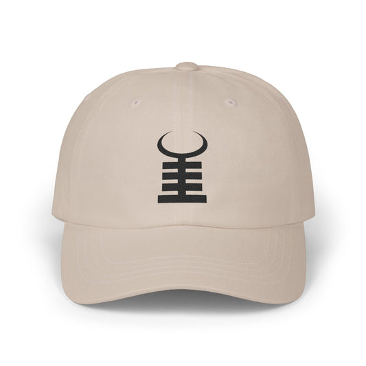 Tan baseball cap with a black crescent moon and horns symbol.