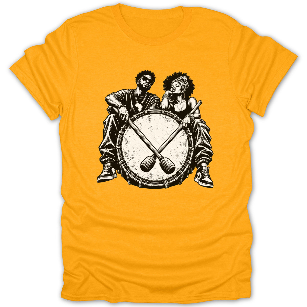 Black and white illustration of a couple sitting on a drum with drumsticks.