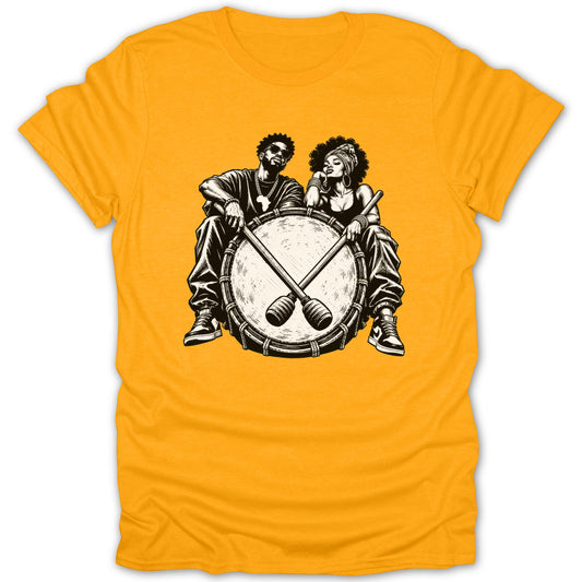 Black and white illustration of a couple sitting on a drum with drumsticks.