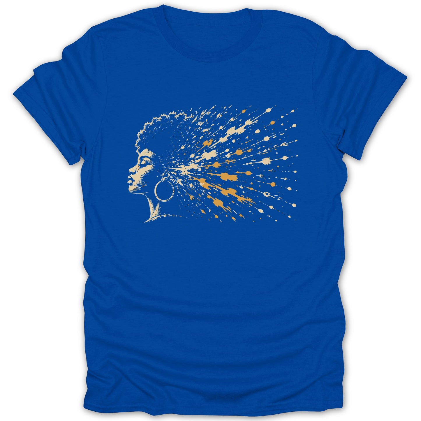 Profile of a woman's head with exploding abstract paint splatters from her hair.