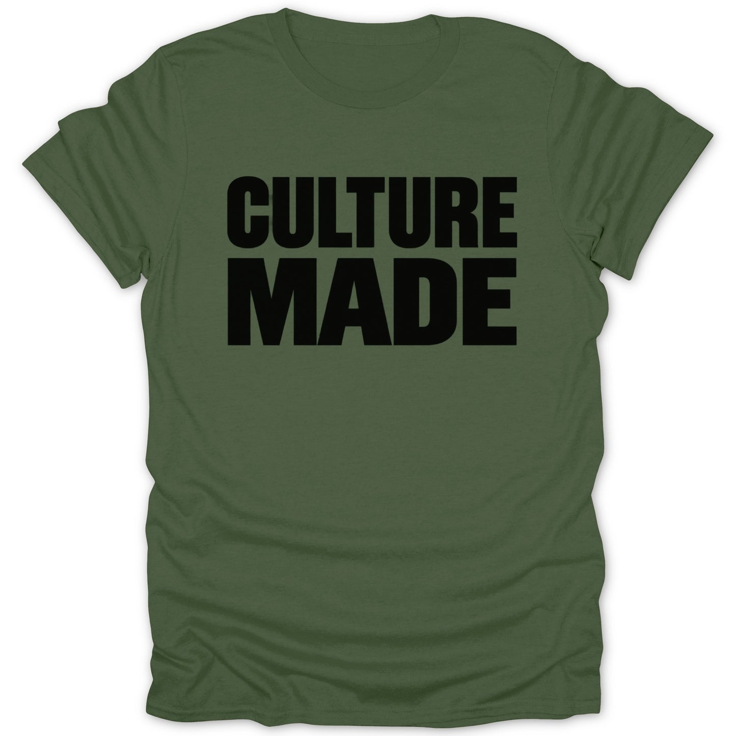 Olive green t-shirt with black text "CULTURE MADE" on the front.