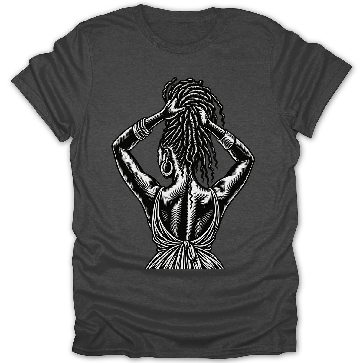 Black and white graphic of a woman with locs tying her hair on a dark gray t-shirt.
