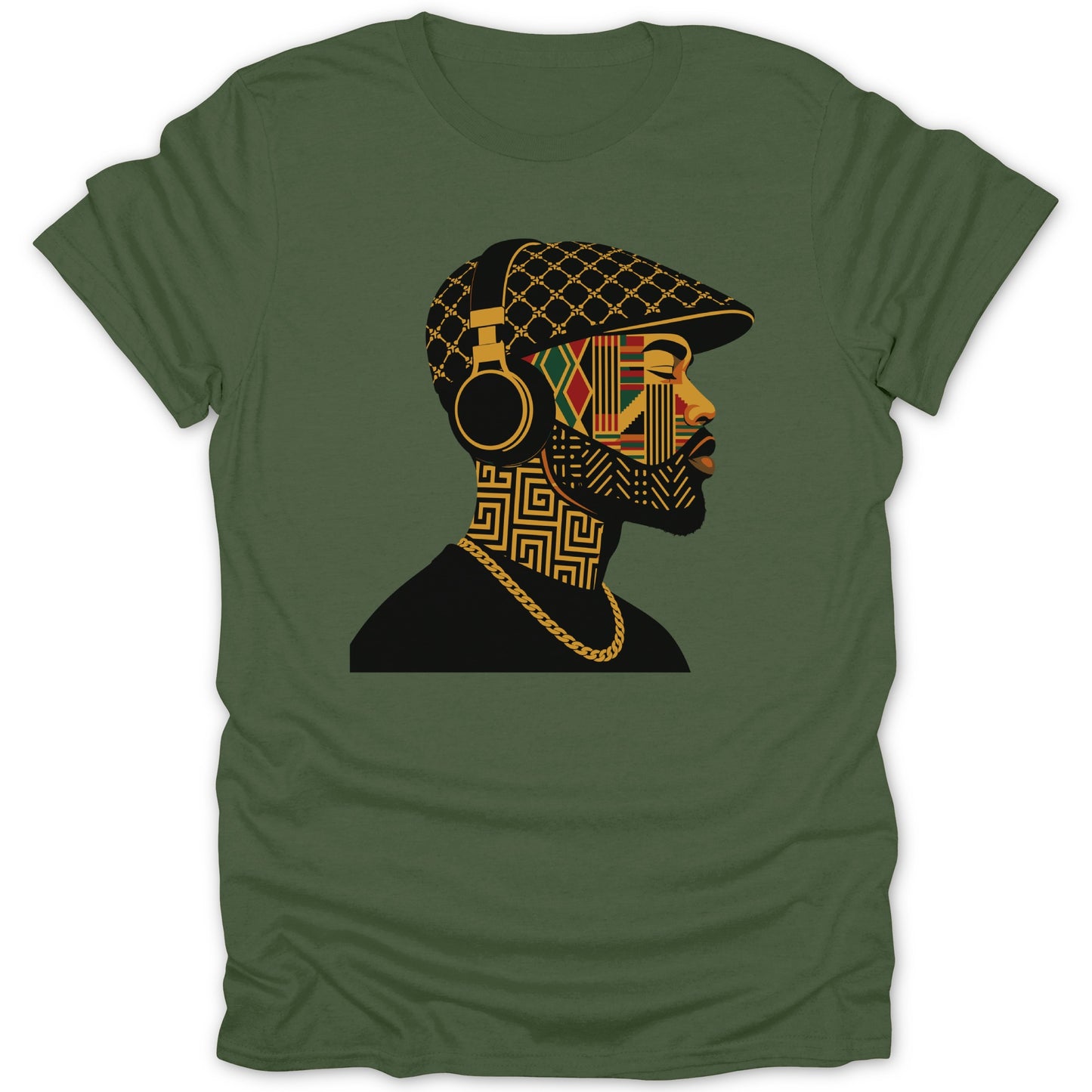 Green t-shirt with a profile illustration of a man wearing a patterned cap and headphones.