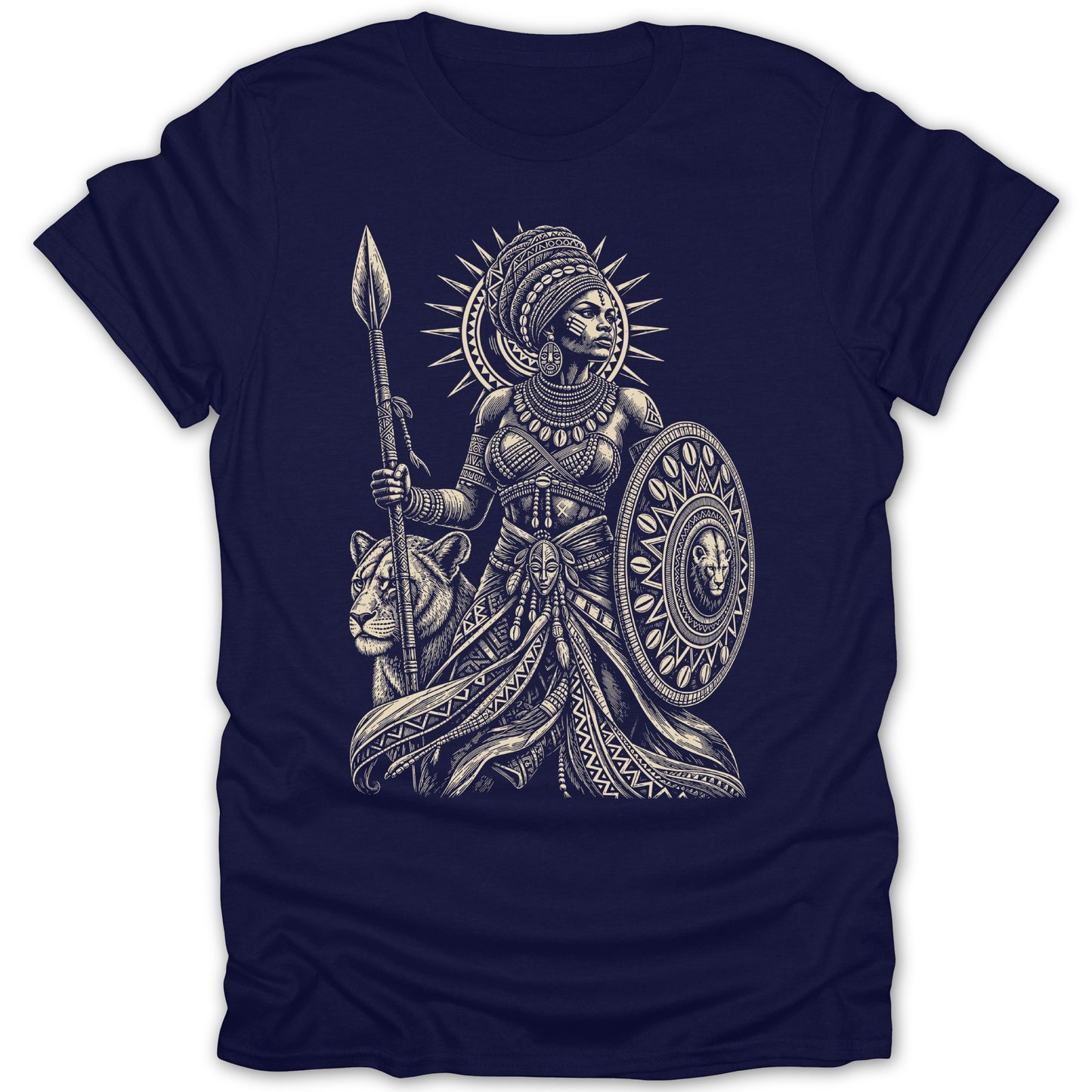 Warrior woman with spear, shield, and lion, on dark blue t-shirt.