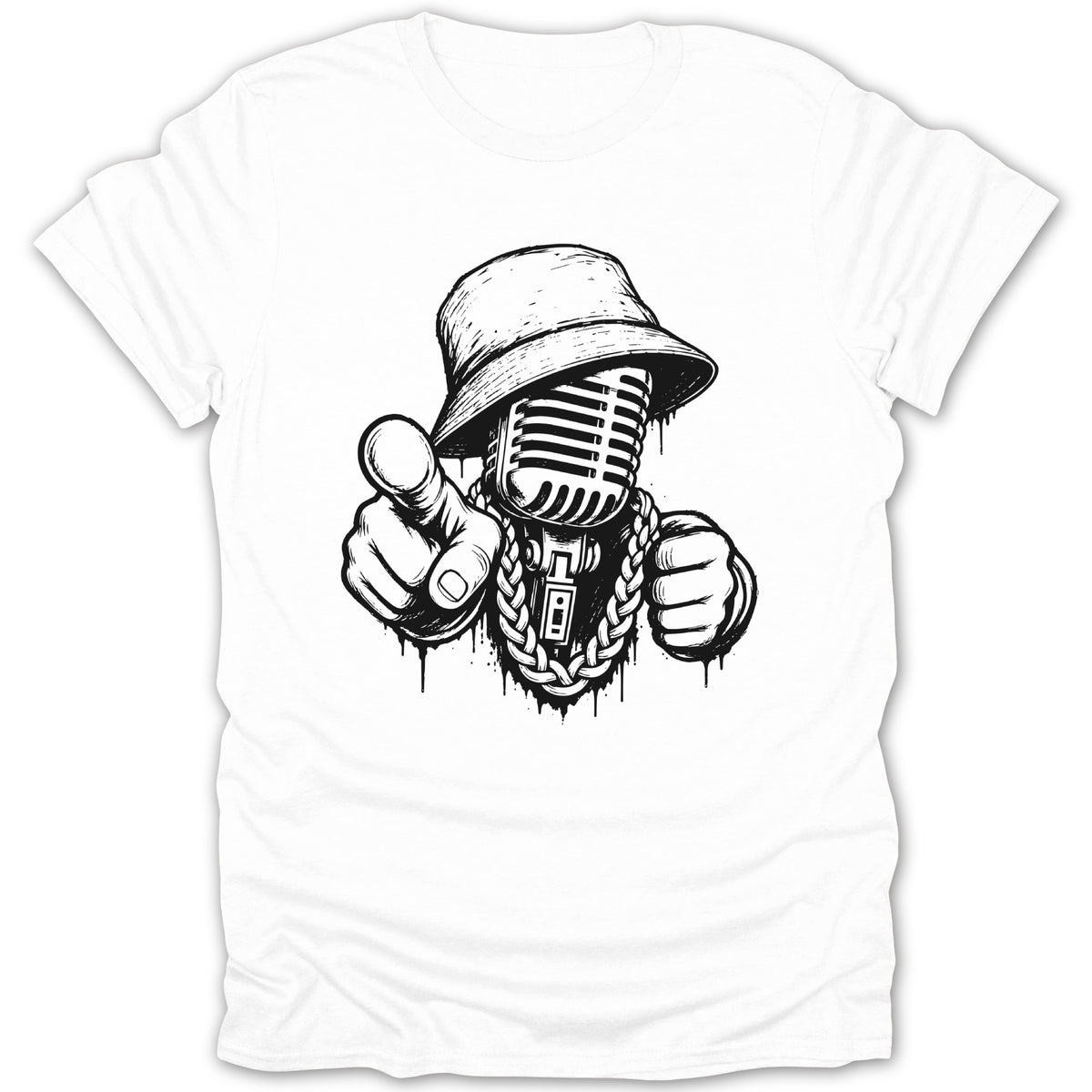Microphone wearing bucket hat and gold chain, pointing finger and fist.