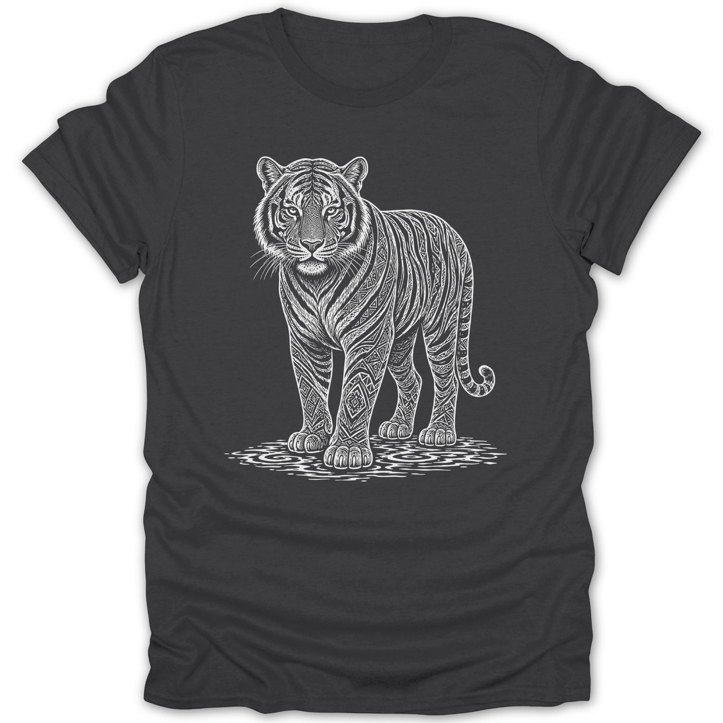 Dark t-shirt with white detailed line art of a tiger with tribal patterns.