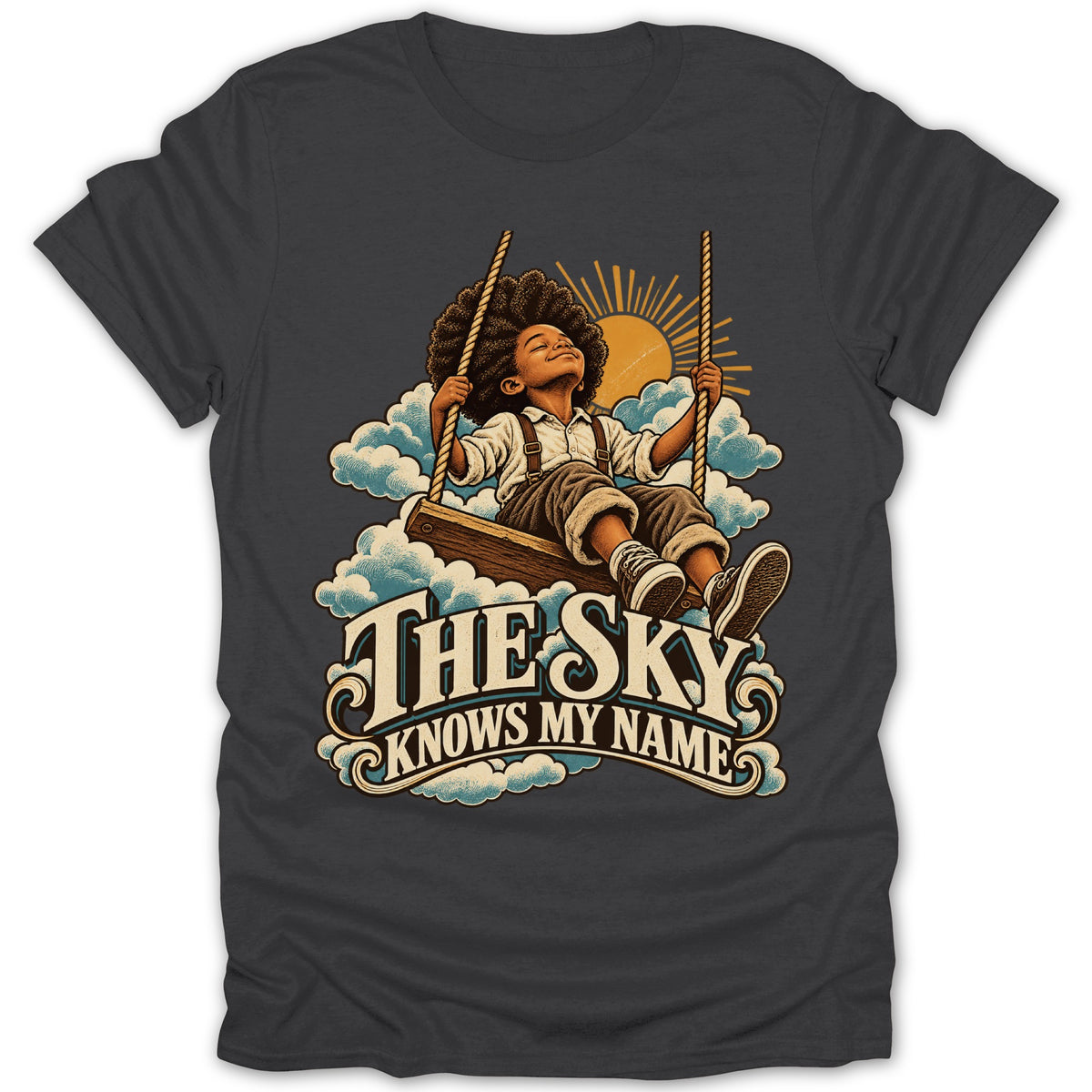 Illustration of child on swing with text "The Sky Knows My Name"