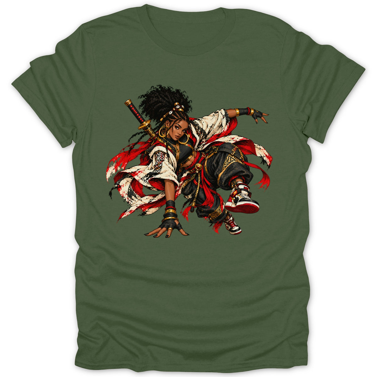 Illustration of a warrior woman with a sword on a green t-shirt.
