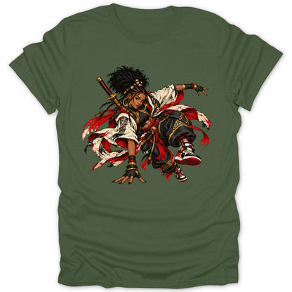 Illustration of a warrior woman with a sword on a green t-shirt.