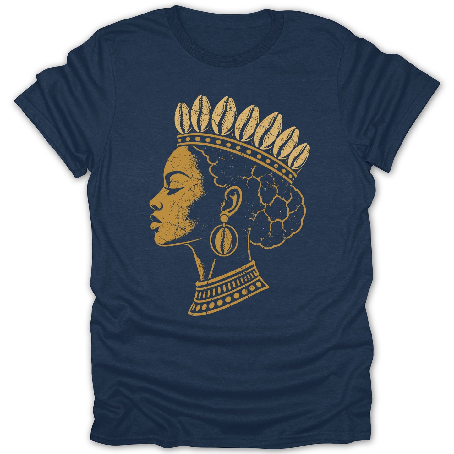 Gold profile of woman wearing crown, earrings, and necklace on navy t-shirt.