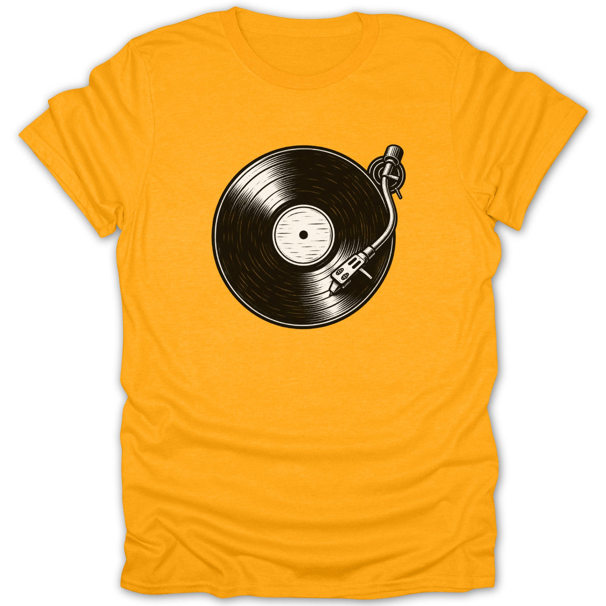 Yellow t-shirt with a black and white illustration of a record player and vinyl record.