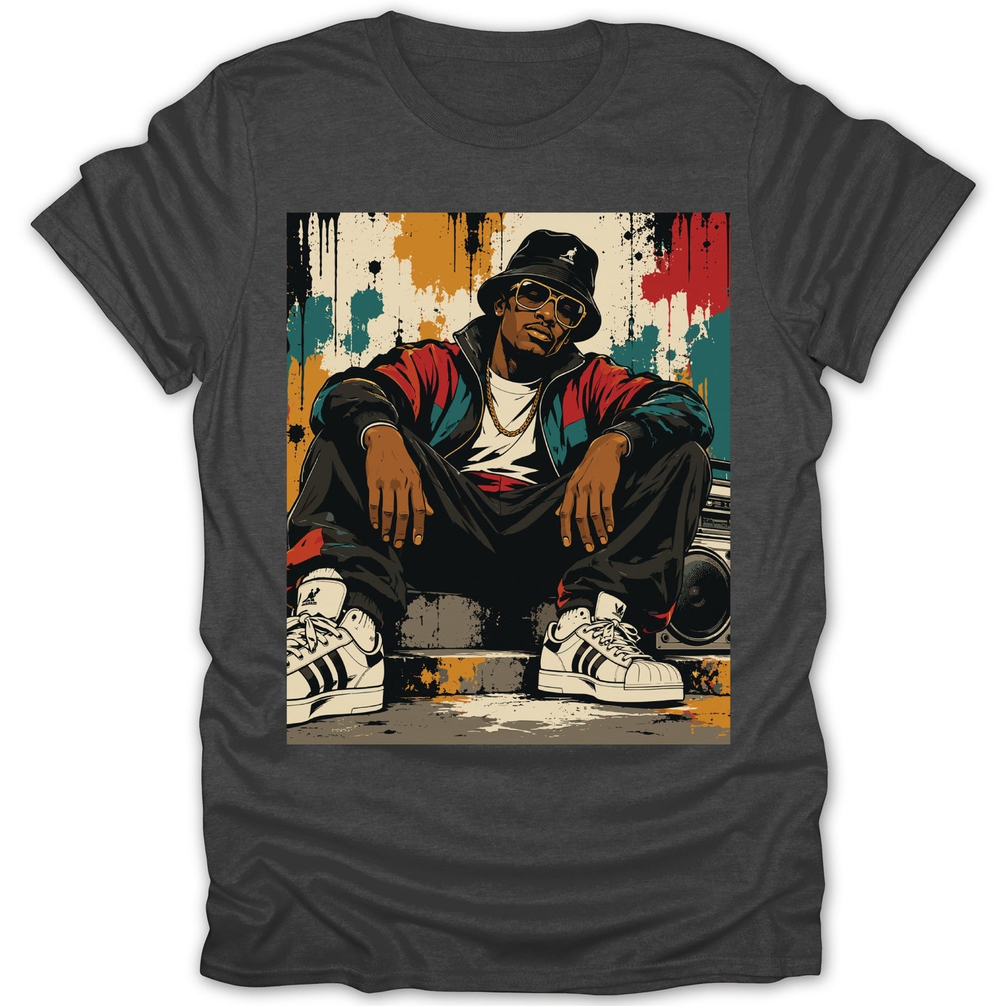 Illustration of a man in streetwear sitting in front of a graffiti wall and boombox.