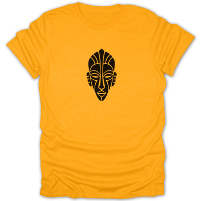 A bright yellow short-sleeve crewneck t-shirt featuring a black graphic of a traditional tribal mask centered on the chest.