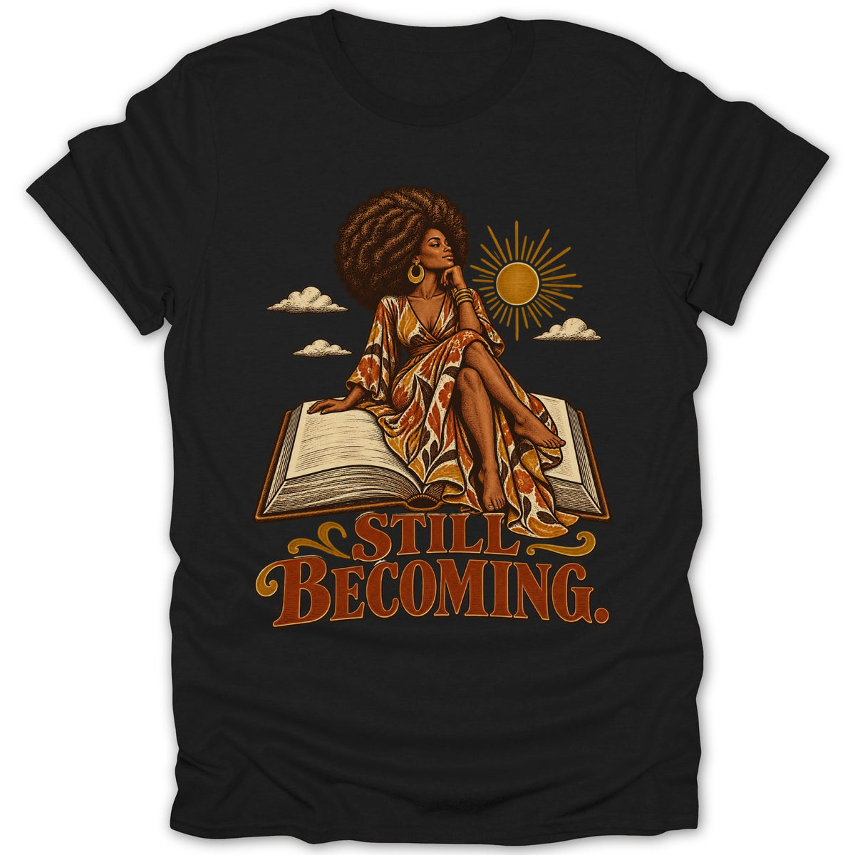 Woman with afro sitting on open book, sun and clouds, text "STILL BECOMING".