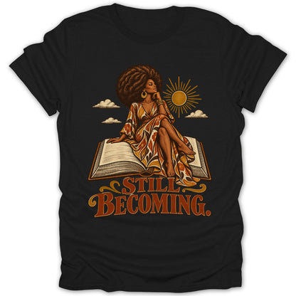 Woman with afro sitting on open book, sun and clouds, text "STILL BECOMING".