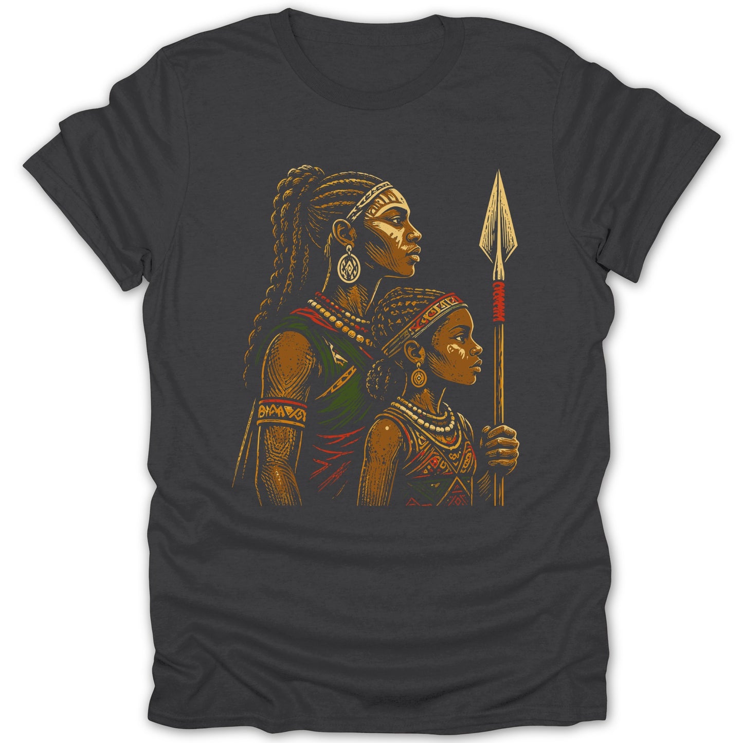 Illustration of two African women in traditional attire holding a spear.