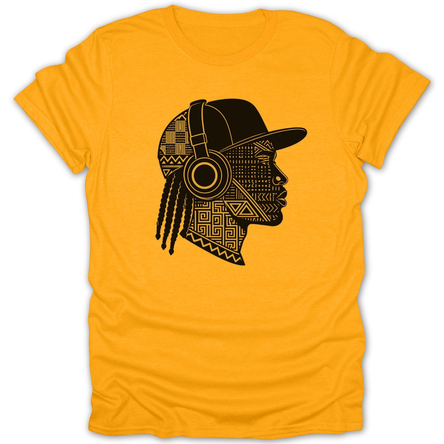 Orange t-shirt with black graphic of profile head with headphones and braided hair.