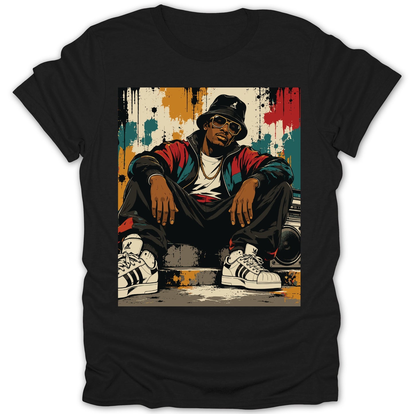 Illustration of a man in bucket hat and sneakers with boombox and graffiti wall.