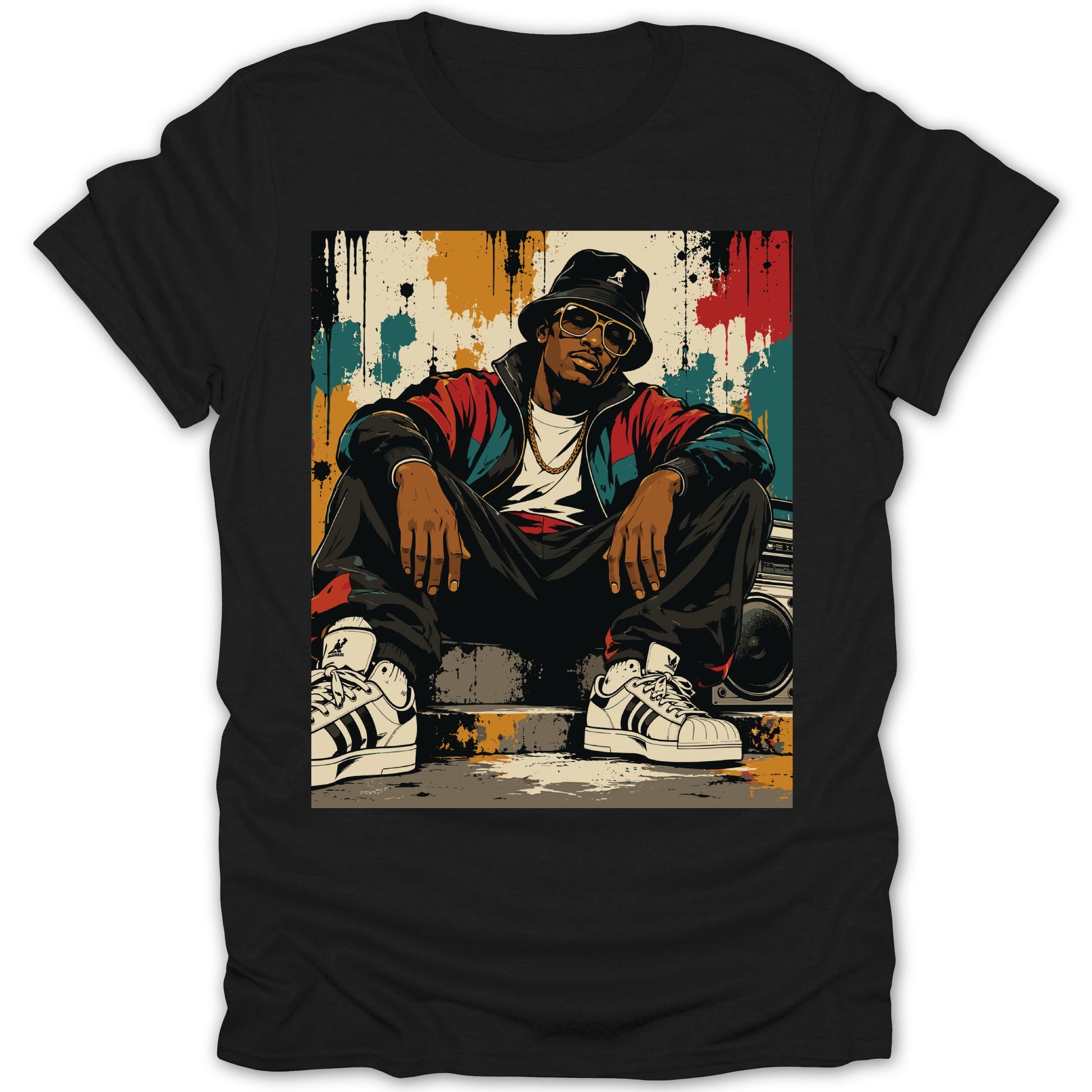 Illustration of a man in bucket hat and sneakers with boombox and graffiti wall.