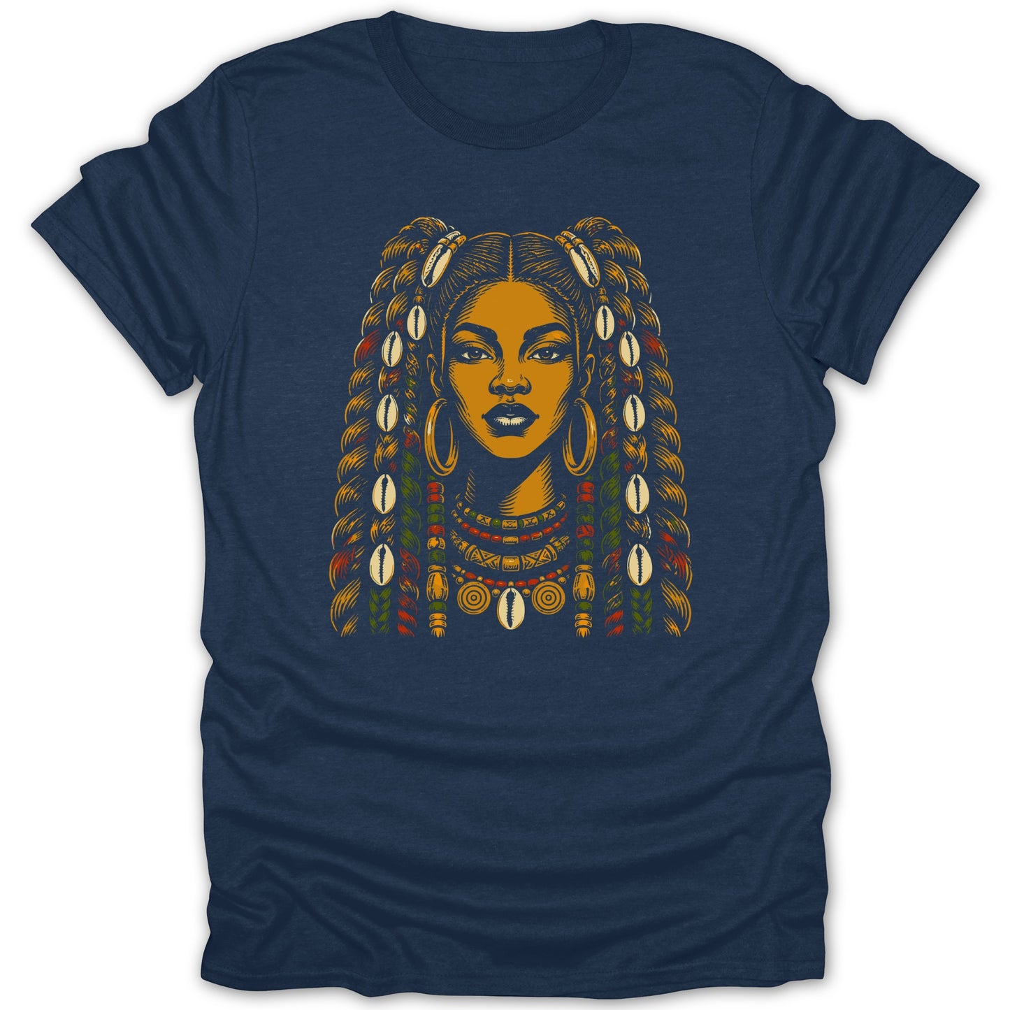 Illustration of a woman with braids, shells, and colorful jewelry on a navy t-shirt.