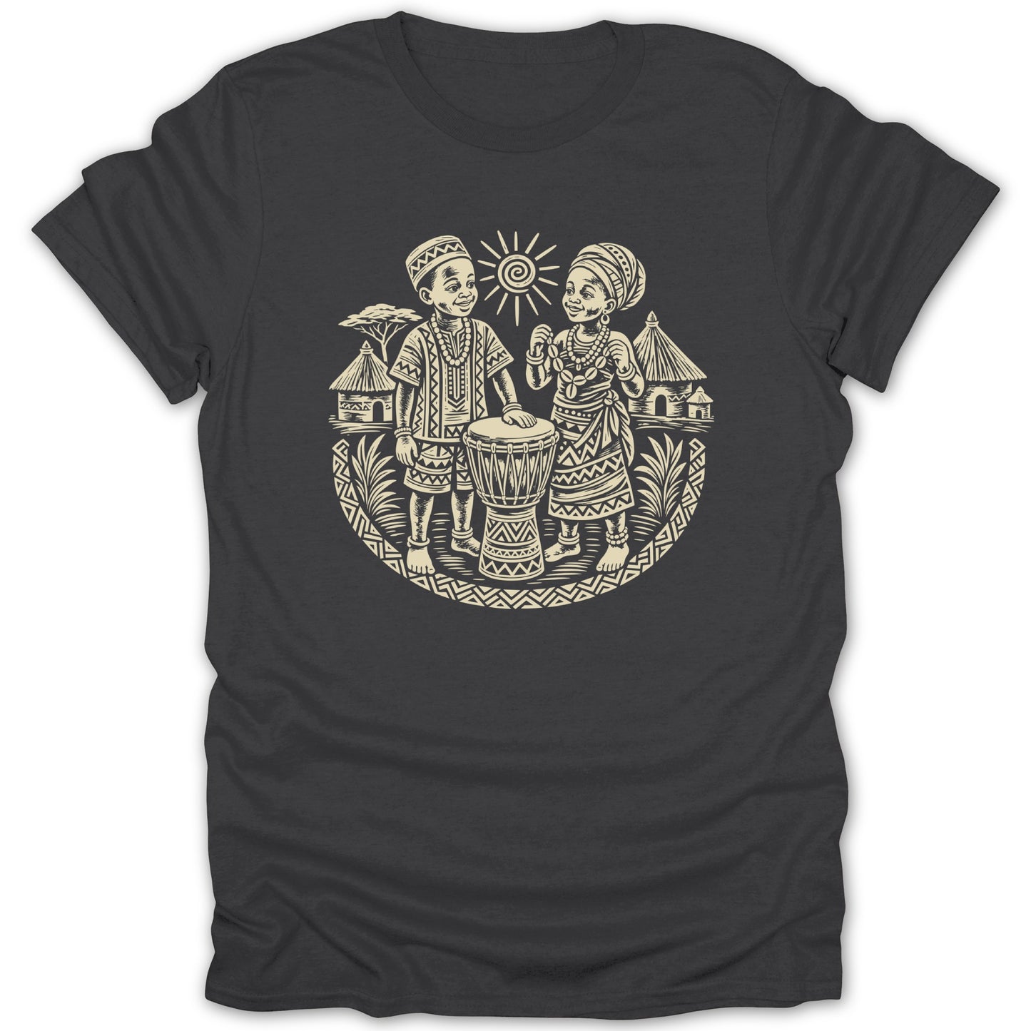 Traditional African children with drum, huts, and sun in circular ethnic pattern.