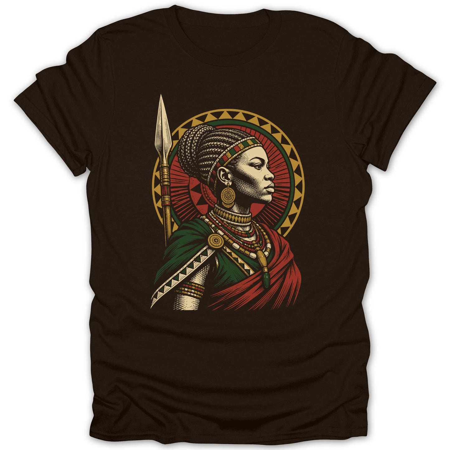 Illustration of an African warrior woman with a spear and traditional headdress.