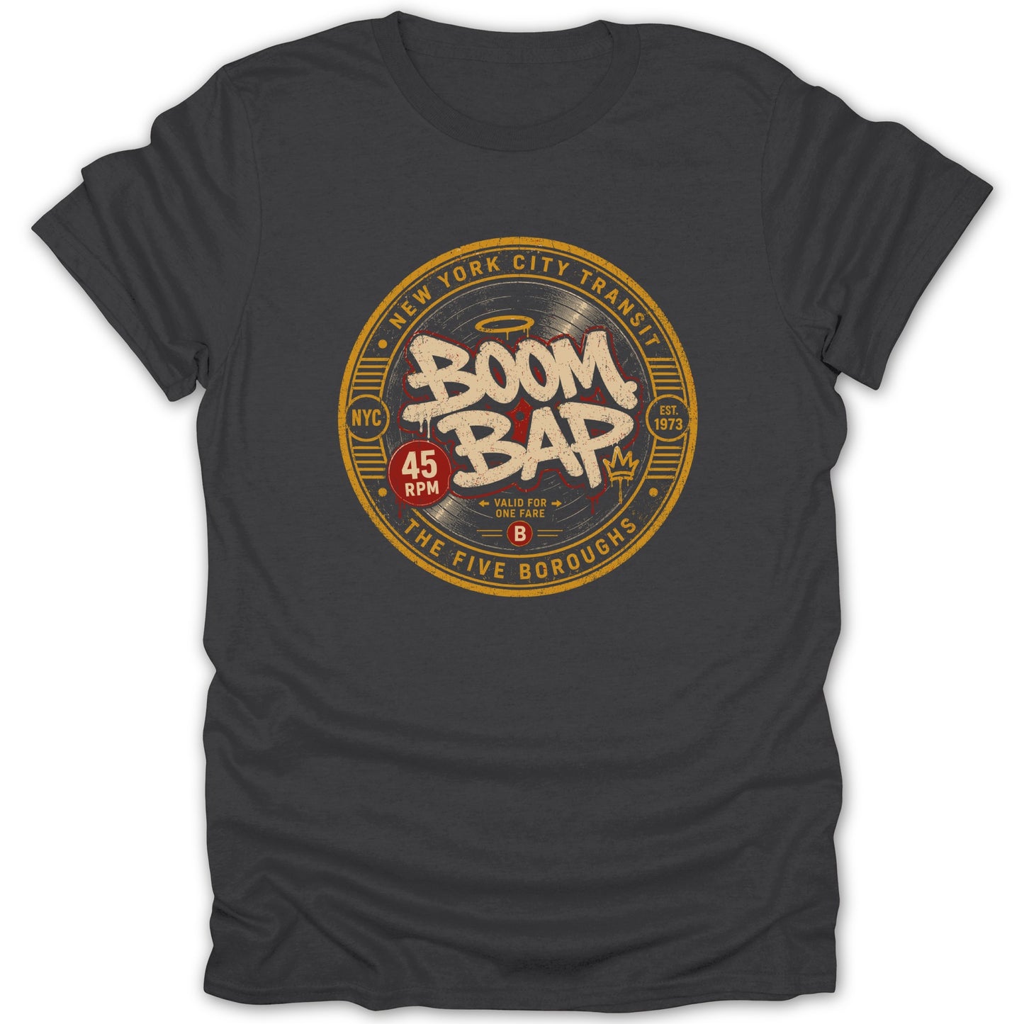 Dark t-shirt with circular "Boom Bap" NYC transit-style graphic.