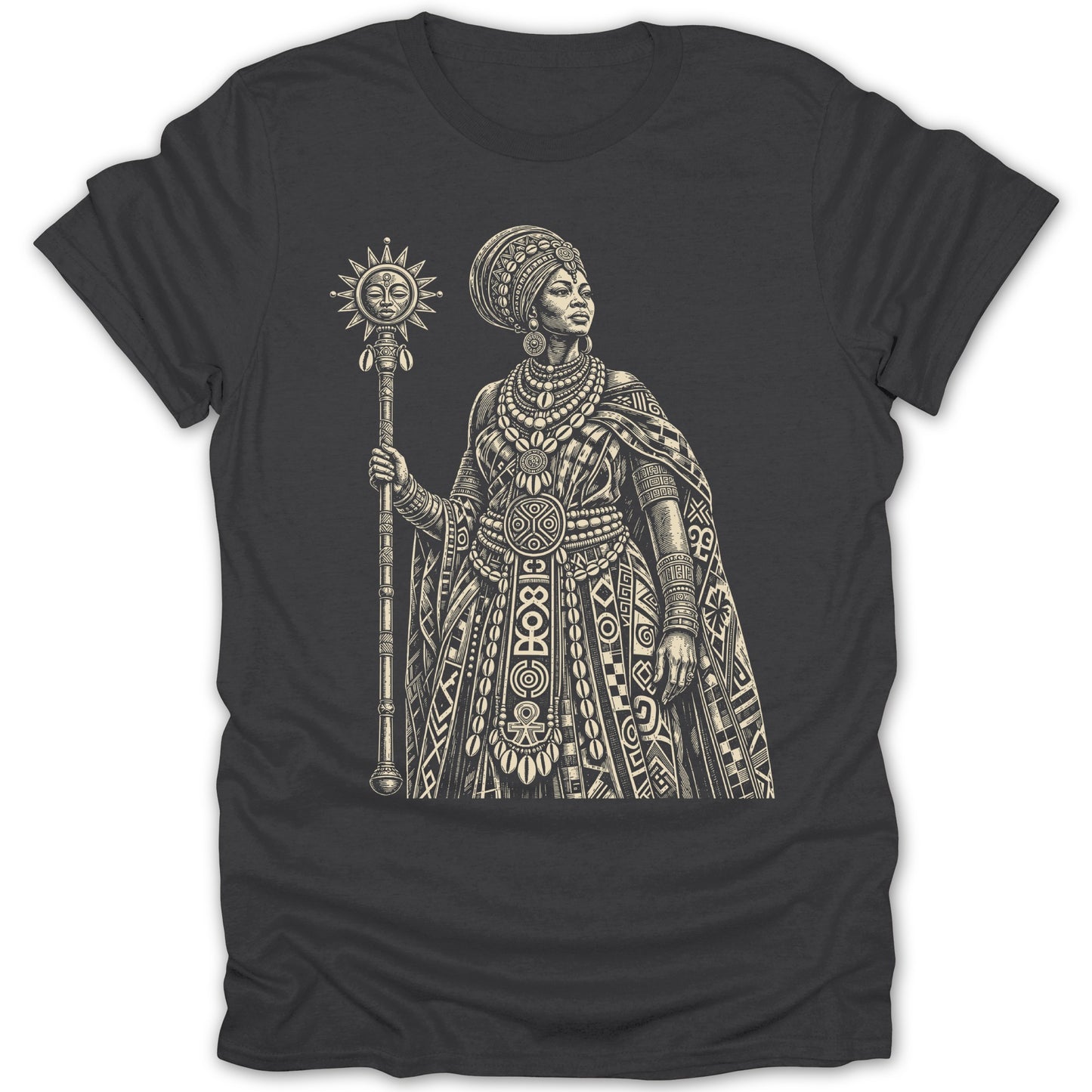 Illustration of a queen in traditional African attire holding a sun-adorned staff.