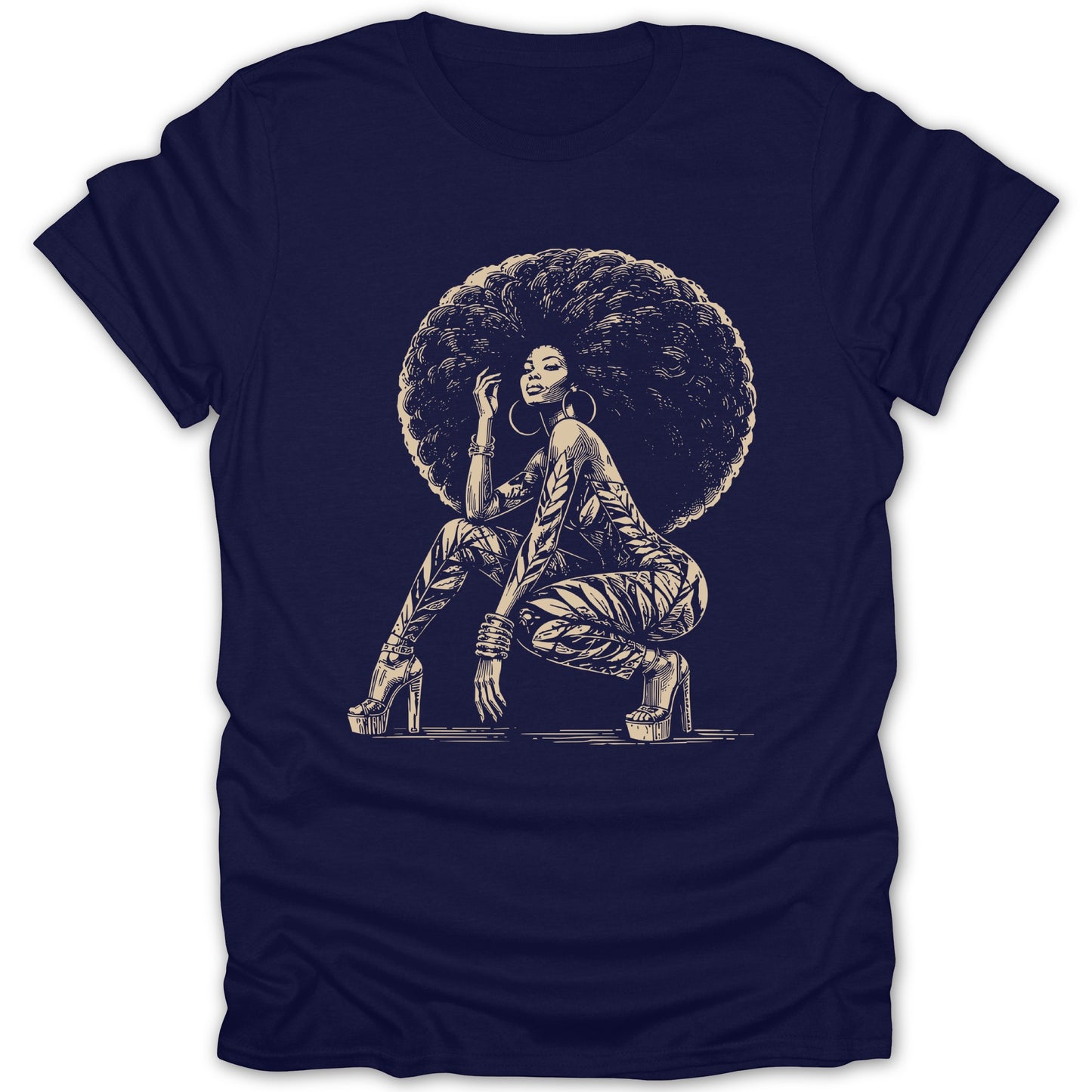 Illustration of a woman with an afro crouching in platform heels on a navy t-shirt.
