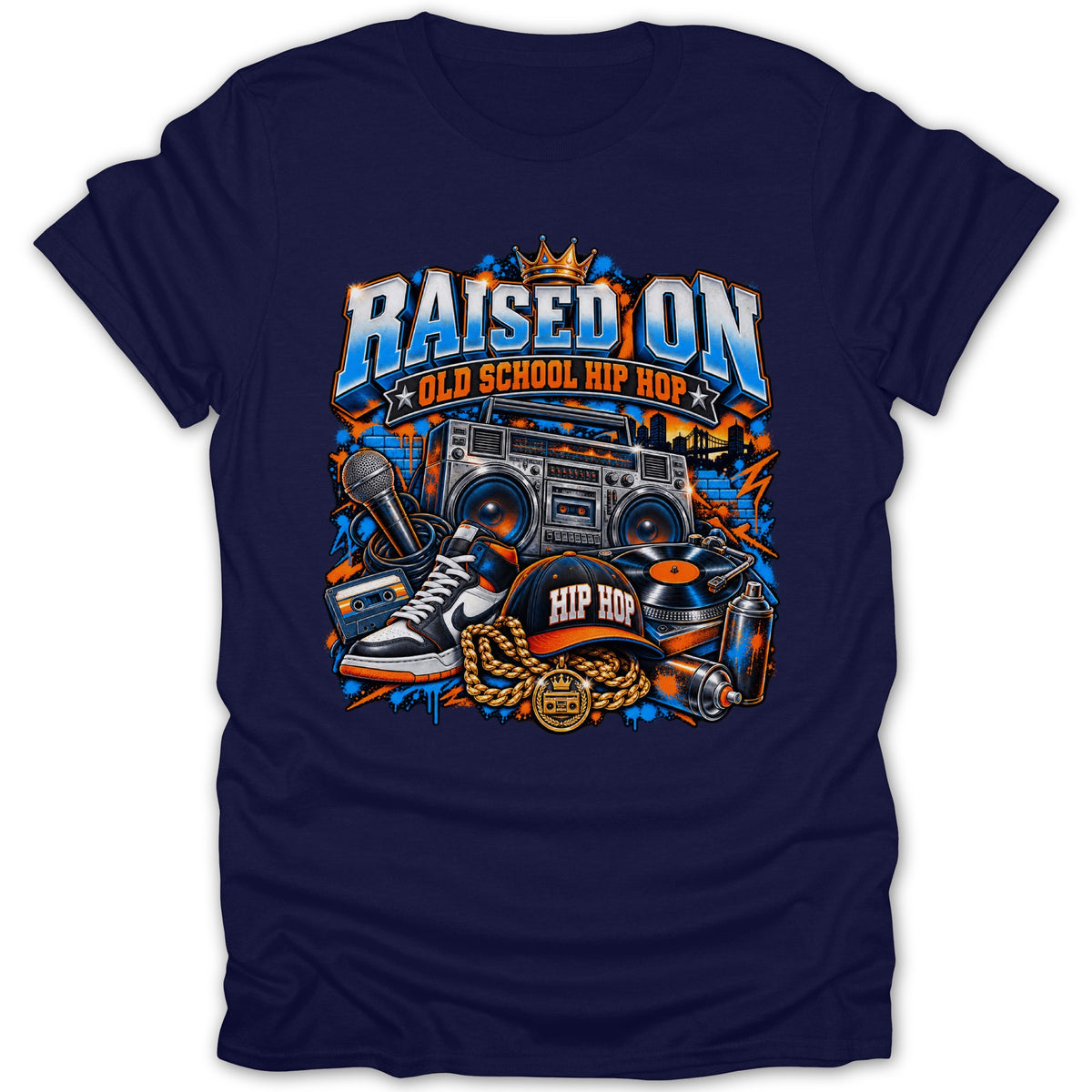 Navy t-shirt with "Raised On Old School Hip Hop" graphic featuring boombox, microphone, turntable, sneakers, and more.