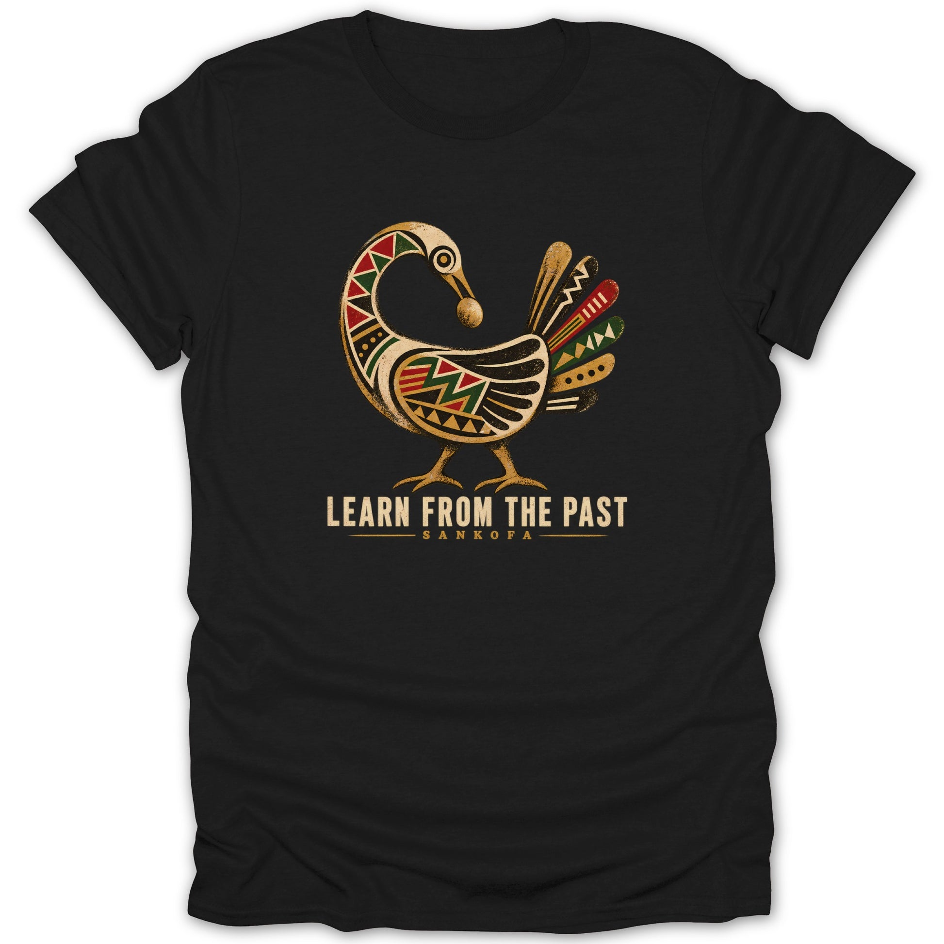 Black t-shirt with Sankofa bird graphic and text "Learn From The Past".