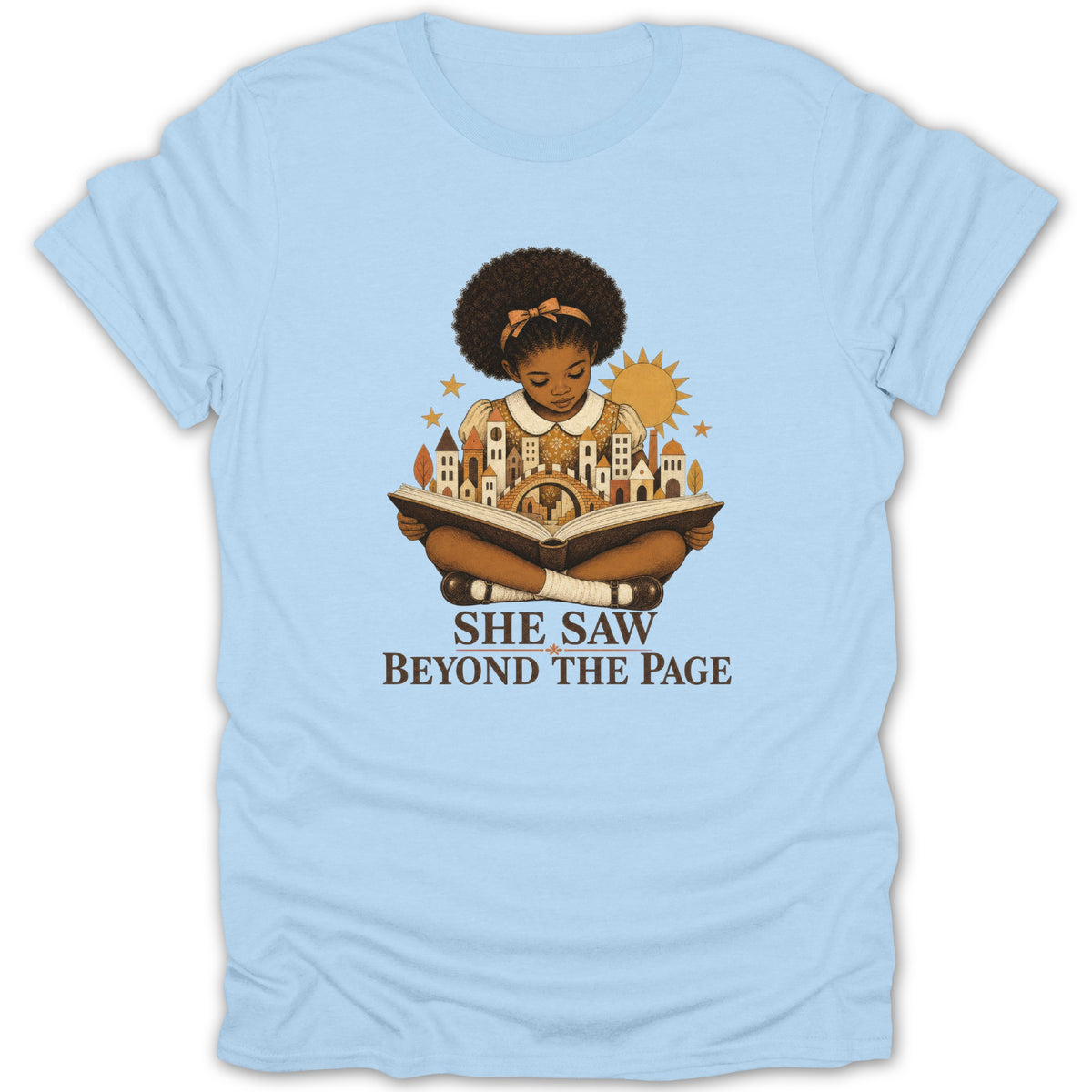 Illustration of a young girl reading a book, with a city emerging from its pages, and text "SHE SAW BEYOND THE PAGE".