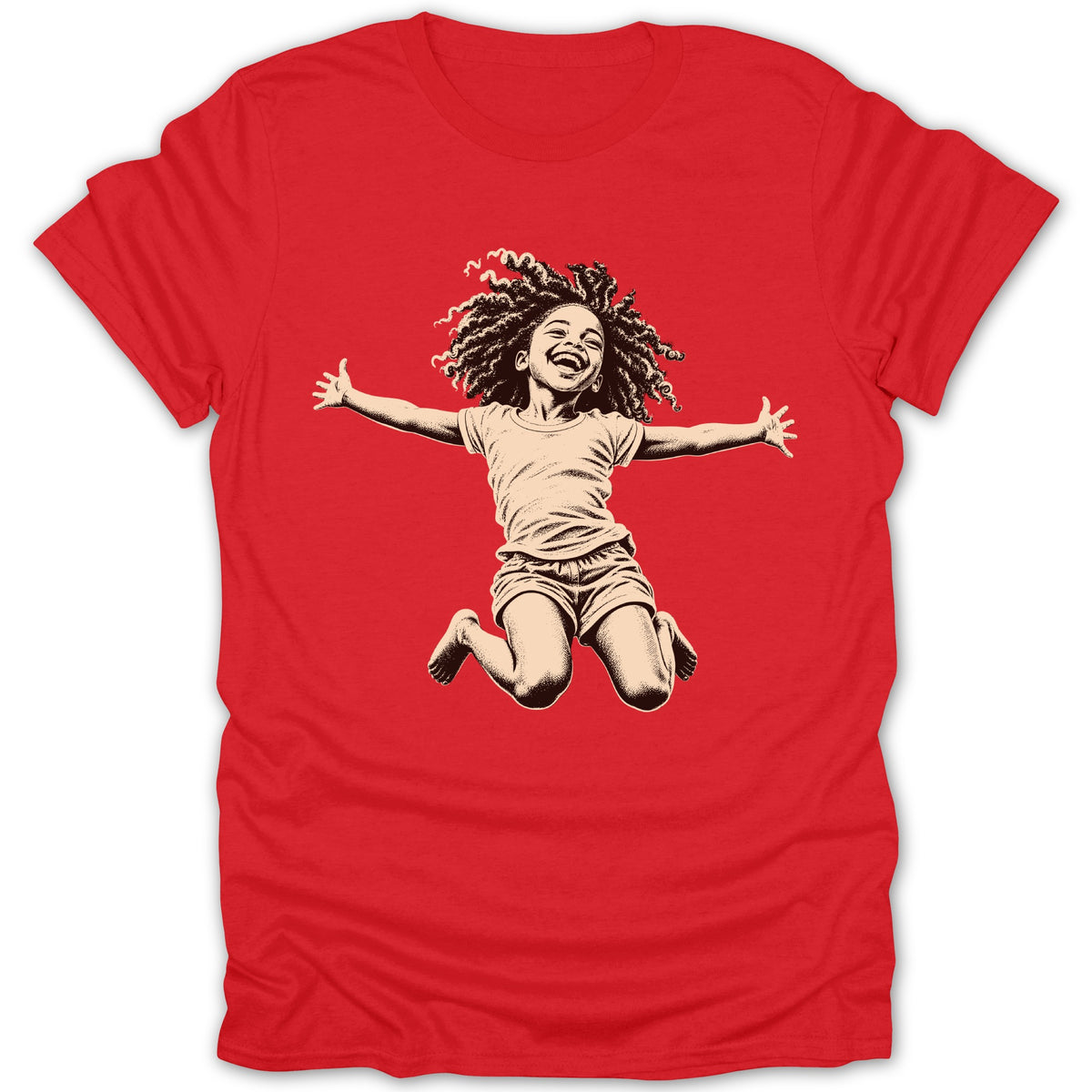 Red t-shirt with a graphic of a happy child jumping with arms outstretched.