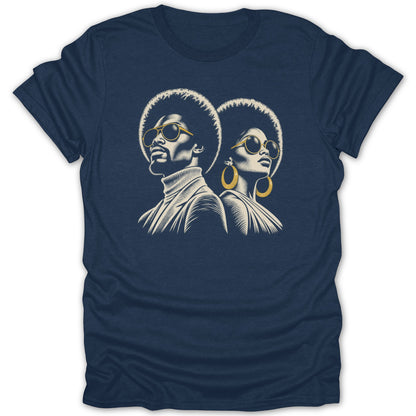 Navy blue short-sleeve t-shirt featuring a retro graphic of a man and woman with afros.