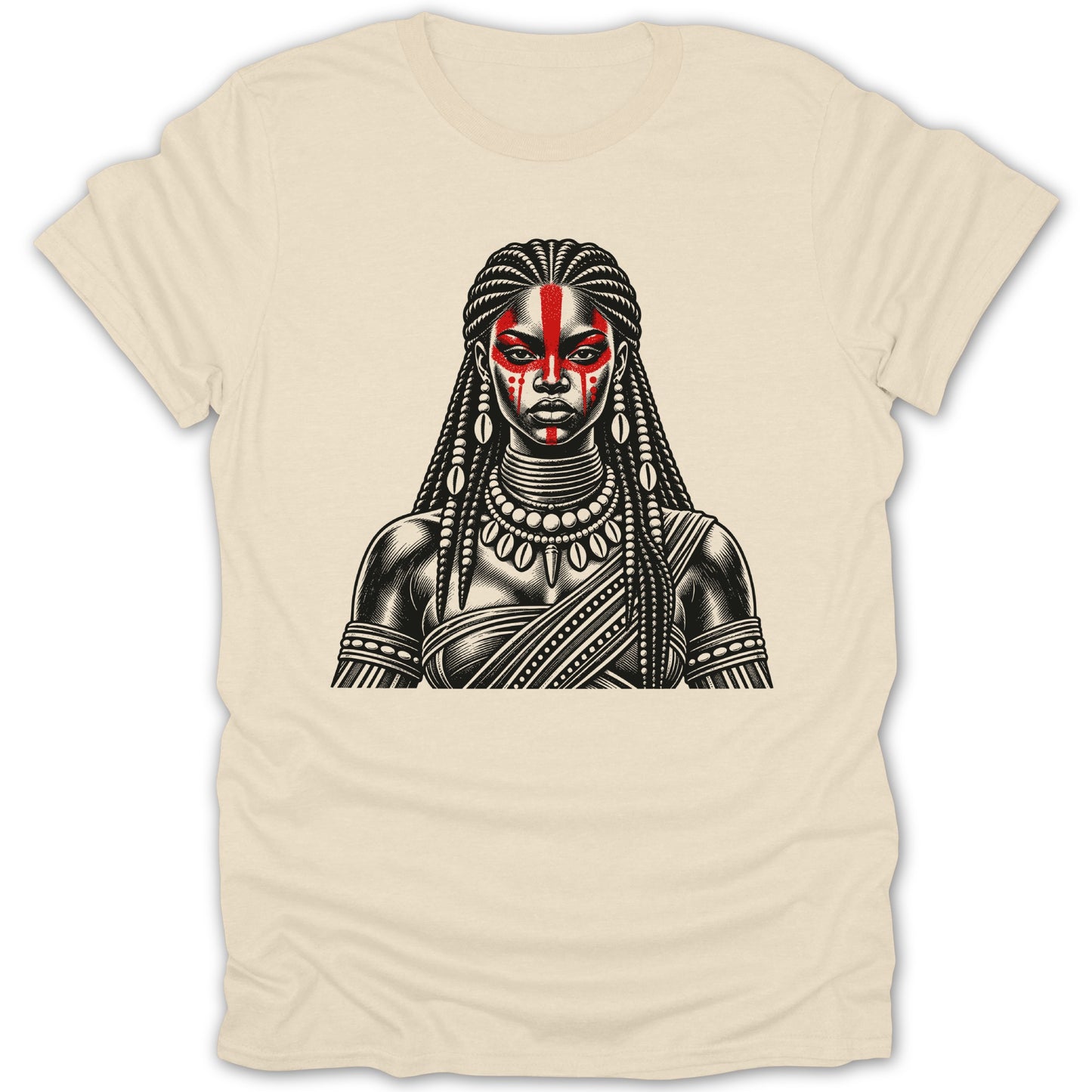 Black and white illustration of a woman with braids and red face paint.