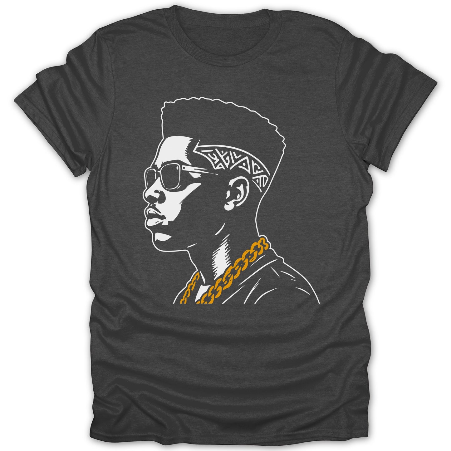Graphic of man with sunglasses, bandana, and gold chain on black t-shirt.