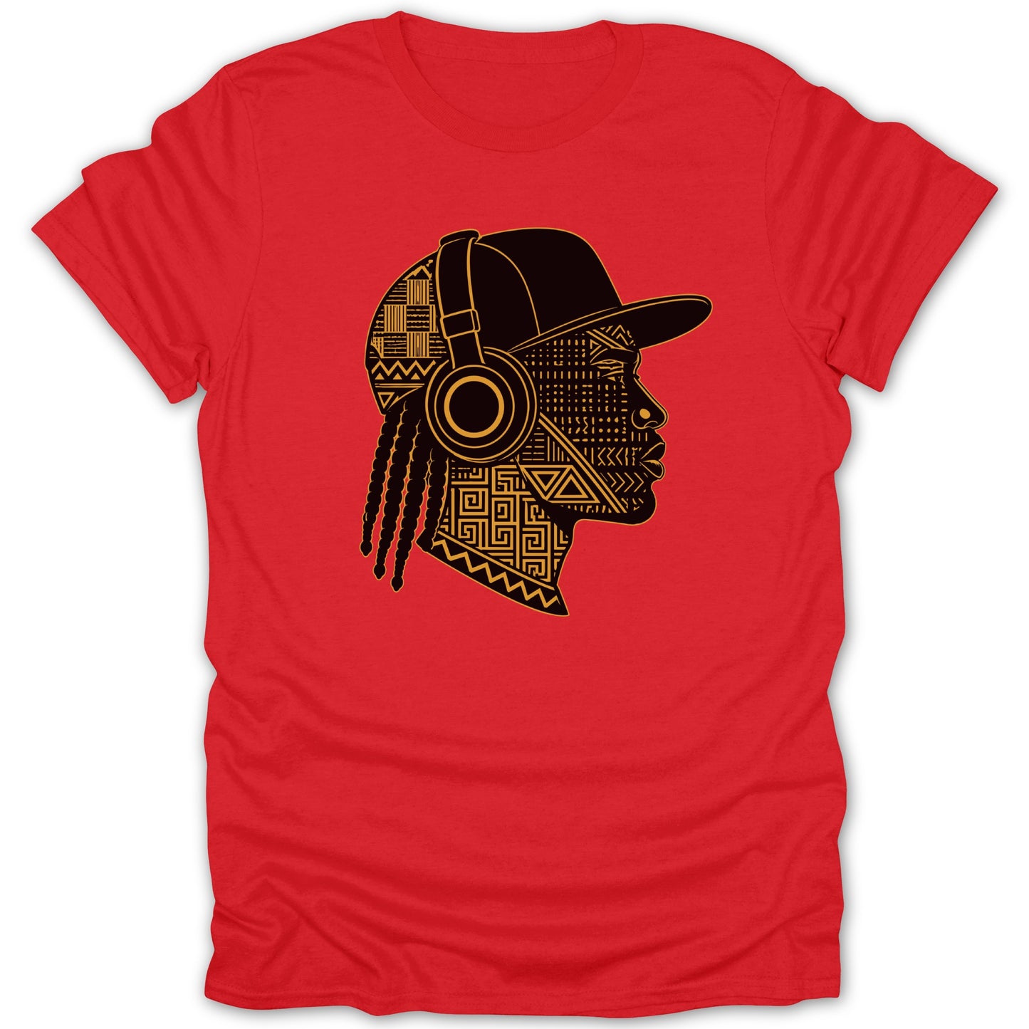 Red t-shirt with black and gold geometric tribal pattern on a person's head with headphones.