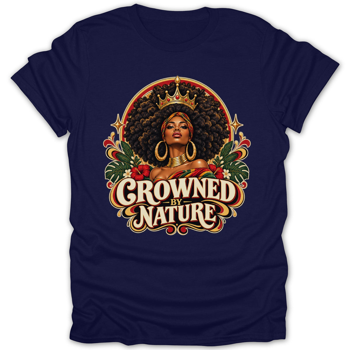 Woman with crown and natural hair with text "Crowned by Nature".