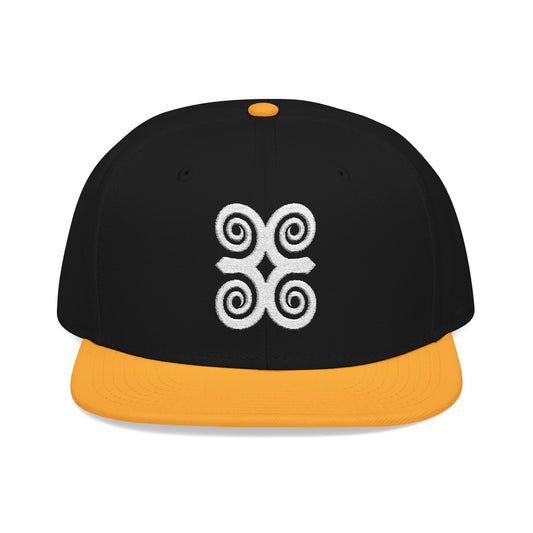 Black snapback hat with orange brim featuring white Adinkra symbol.