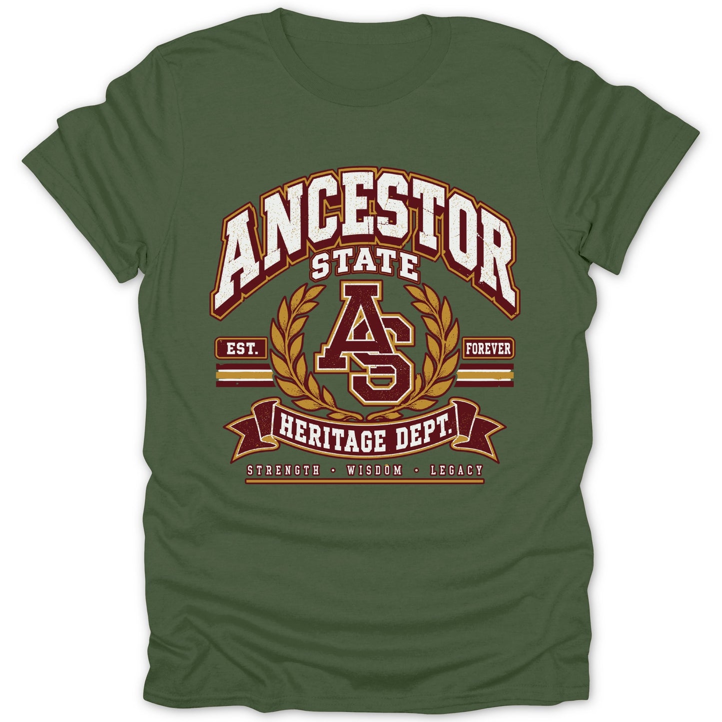 Green t-shirt with "Ancestor State Heritage Dept." in distressed text.