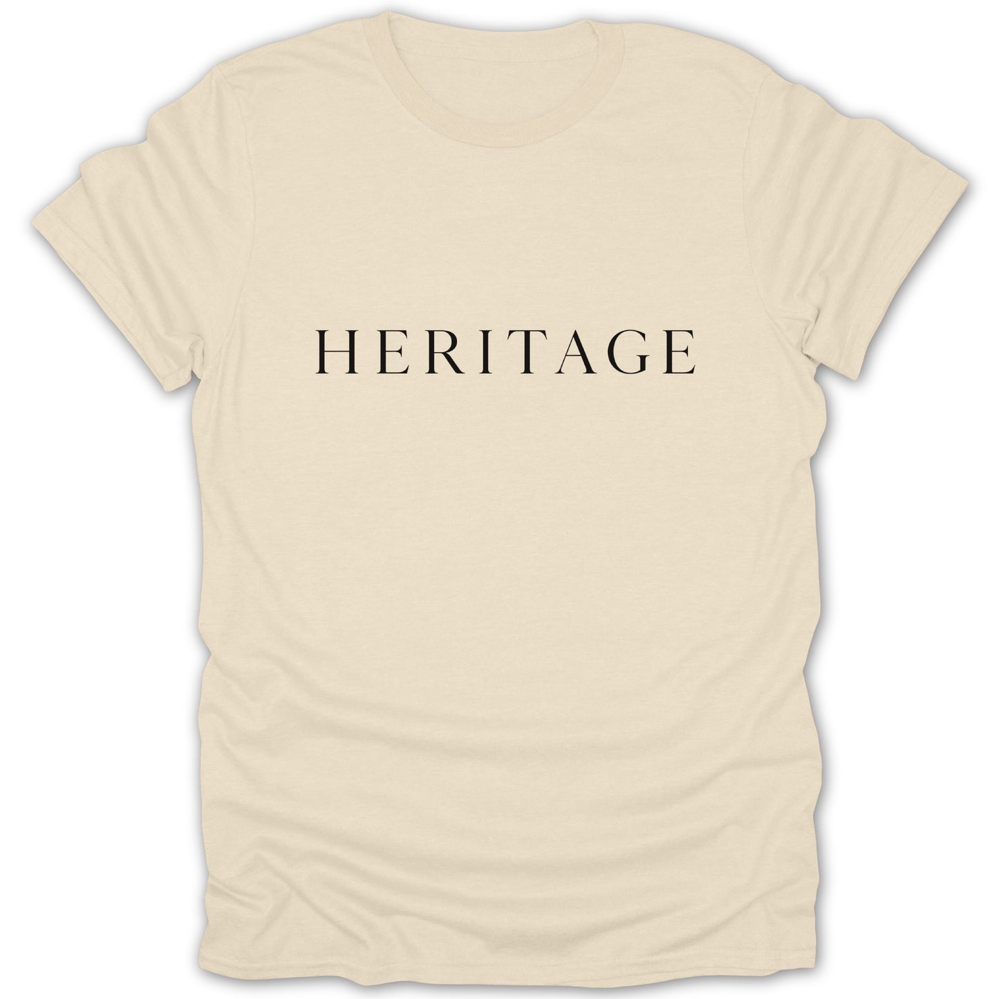 Cream t-shirt with "HERITAGE" text in black serif font.